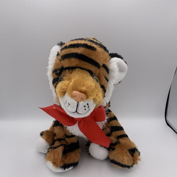 Floppy Seated Leopard Cub Tiger Soft Plush Stuffed Animal with Red Bow Stripes - Picture 1 of 9